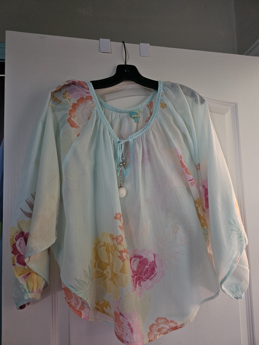 FARM Rio Pastel Floral Peasant Blouse in Light Aqua